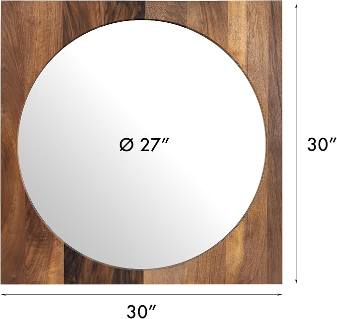 Walnut Wood Frame Round Mirror - 30" Wood Framed Mirror for Bathroom - Hallway Mirrors for Wall Entry - Mirrors for Entryway, Bedroom, Dining Room - Housewarming Gifts - Home Décor