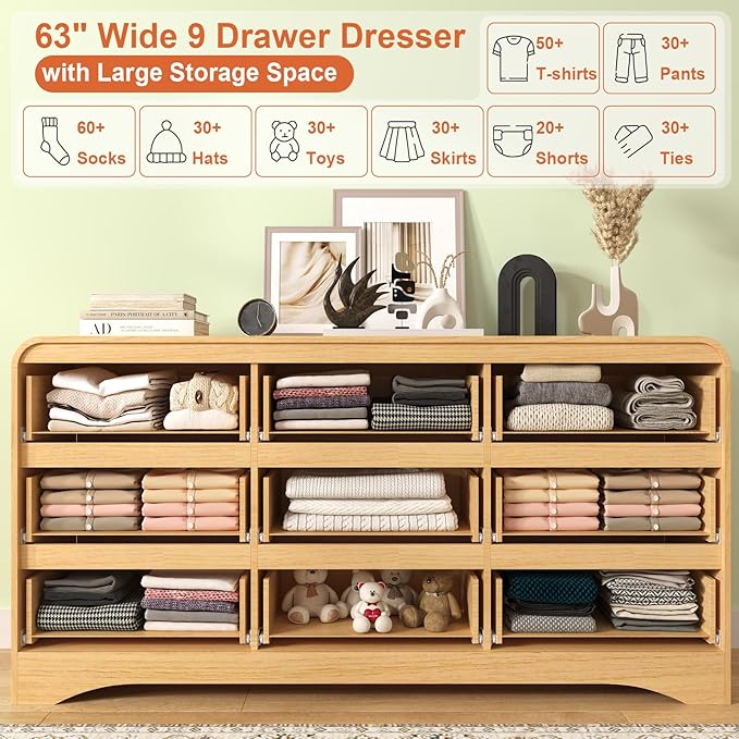 Dresser for Bedroom with 9 Drawers, 63" Long Modern Wood Chest of Drawers with Pre-Installed Slides, Large Storage Cabinet with Curved Design for Bedroom, Natural Oak