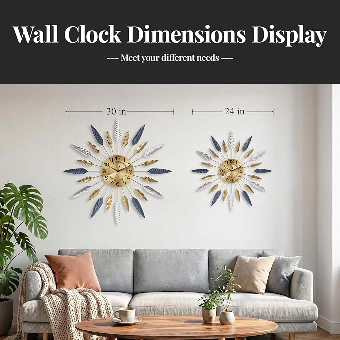 Cuspin Large Wall Clock, 24 Inch Mid Century Modern Clock Decorative Golden Feather Sunburst Wall Clock, Silent Non Ticking Battery Operated Wall Clocks for Living Room Decor