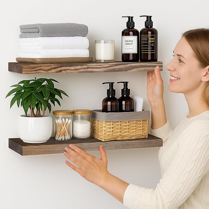 BGMG Wood Floating Shelves for Wall 24 inch Set of 2, Rustic Wooden Wall Mount Shelves for Bathroom Living Room Bedroom Kitchen Farmhouse -24x 6.7 x1.25 inch-Dark Walnut