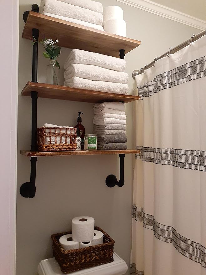 ROGMARS 3-Tier Real Pine Wood Floating Shelf, 20x7.87x41.3in, Industrial Retro Style, Bathroom Wall Shelves, Kitchen Shelves