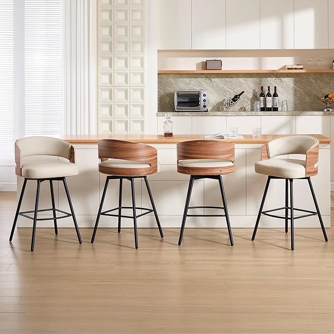 Swivel Bar Stools Set of 4, 26" Counter Height Bentwood Barstool, Upholstered Faux Leather Barstools with Walnut Back, Mid Century Modern Bar Chairs for Kitchen Island, Bar
