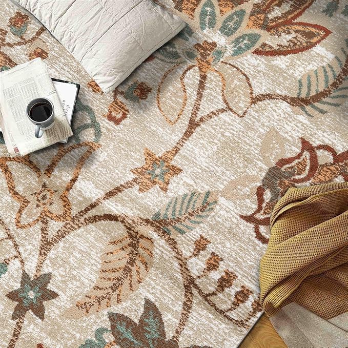 Rugshop Beige Floral Area Rug 4x6- Vintage Botanical Indoor Carpet for Living Room, Bedroom, or Dining Room – Non-Shedding, Soft Low-Pile Traditional Rug 4' x 6'