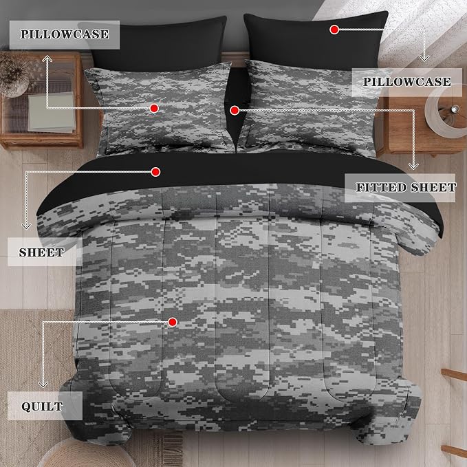 7Pcs Comforter Set King Size, Gray Camouflage Digital Camo Army Military, Bedding Decor Navy Brown Us Black White Bedroom Bed Set Flat Sheet Fitted Sheet Pillowcases Shams for Kids Adults
