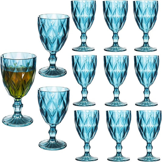 12 Pack Vintage Wine Glasses, Plastic Reusable 12 Ounce Colored Water Goblets, Unique Embossed Pattern Unbreakable Stemmed Wine Glasses High Clear Wedding Party Bar Drinking Cups Blue