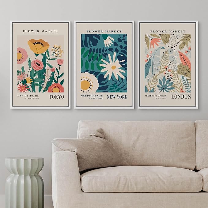 wall26 Framed Canvas Print Wall Art Set Colorful Flower Market Exhibition Prints Nature Wilderness Illustrations Modern Art Decorative Floral Botanical Minimal Calm for Bedroom - 24"x36"x3 White
