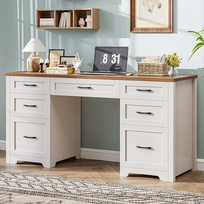 Vabches Farmhouse 61'' Executive Desk with 7 Drawers, Rustic Office Desk Computer Table with File Drawers, Wood Workstation for Home Office and Study,Unique White
