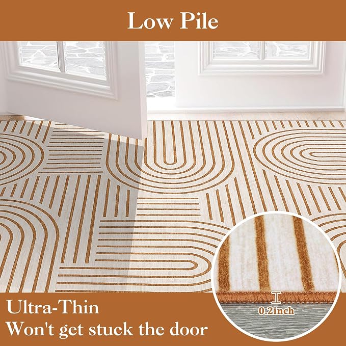 Washable 2x6 Abstract Lines Runner Rug Non Slip Kitchen Rugs Non Shedding Bedside Long Rug Low Pile Soft Entryway Rug Modern Rainbow Runner Rug for Porch Laundry Room Dining Table Under, Orange