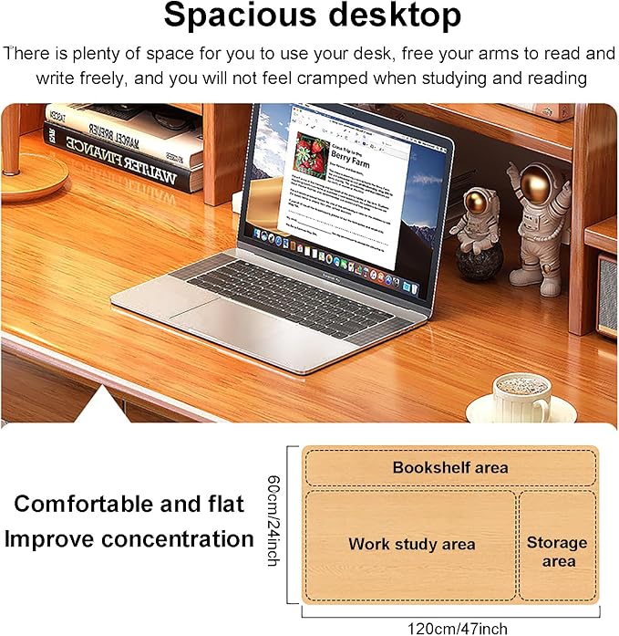 Solid Wood Writing Desk, Mid-Century Modern Computer Desk with Hutch and 2 Drawers, Simple Study Table for Home Office Workstation with Open Storage Shelf