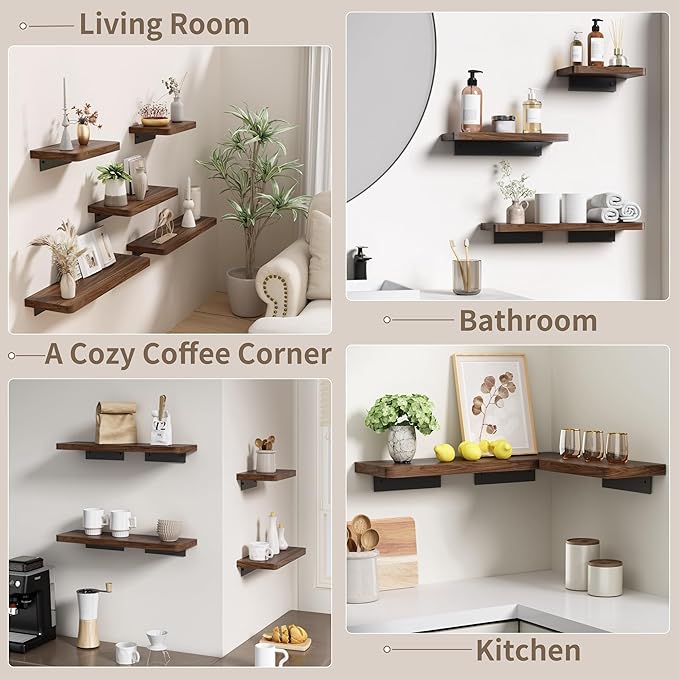 Danpoo 16 inch Solid Walnut Floating Shelf - Large, Heavy Duty Wall Shelf for Kitchen, Living Room, Bathroom, Built to Hold Books, Kitchenware, & Heavy Decor