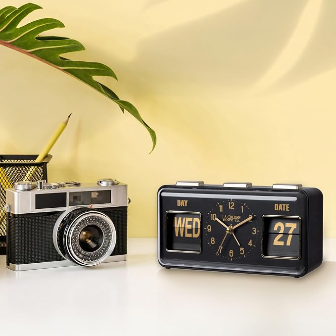 La Crosse Clock 636-379B Daily Flip Black Tabletop Alarm Clock with Calendar