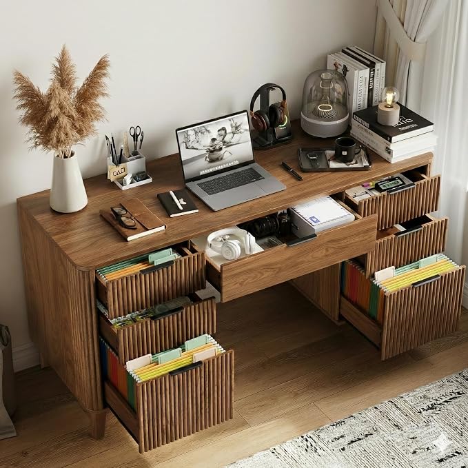 Walnut Desk with Drawers, 55" Fluted Executive Desk with Storage Cabinet, Wood Home Office Desk with File Cabinet, Modern Computer Writing Desk for Study, Living Room, Bedroom