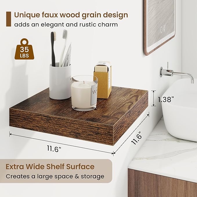 Square Floating Shelves for Wall, 12"W x 12"D x 1.5"H, 3 Pack Small Wall Mounted Engineered Wood Shelves with Invisible Brackets for Living Room, Bedroom, Bathroom, Kitchen Decor, Rustic Brown