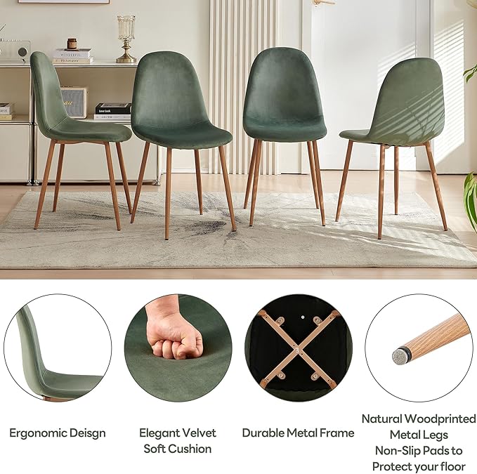 Velvet Dining Chairs Set of 4, Upholstered Dining Room Chairs with Oak Look Foiled Steel Legs, Comfortable Armless Kitchen Chairs for Living Room, Green
