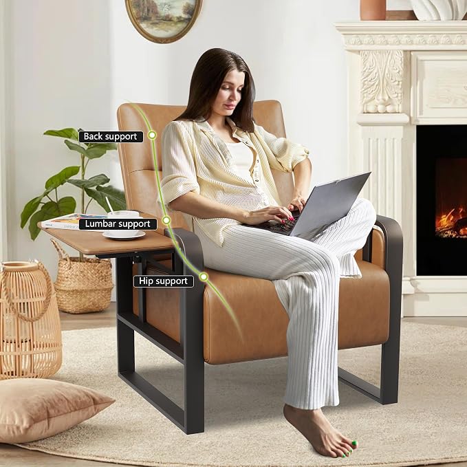 Upholstered Living Room Chair Armchair Set of 2, Mid Century Faux Leather Metal Accent Chair, Reception Couch Office Guest Chair Slipper Club Lounge Single Sofa with Sidetable for Bedroom-Light Brown