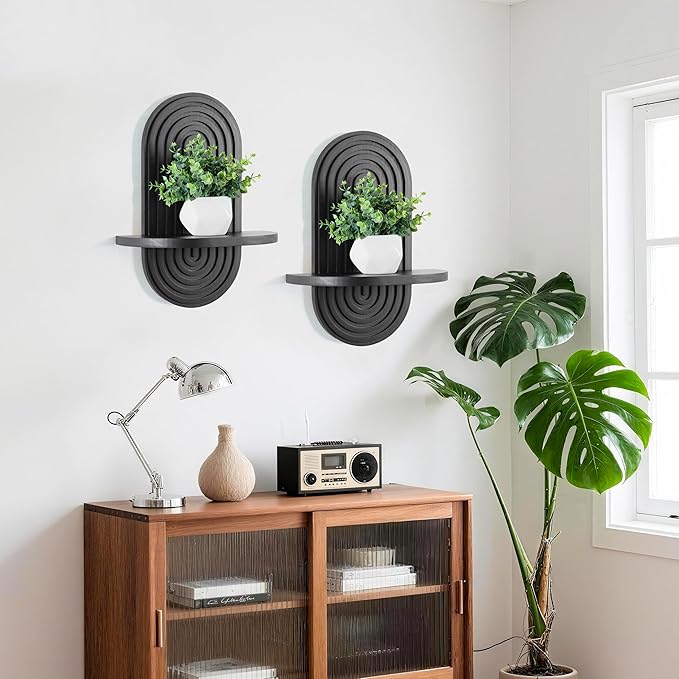 Set of 2 Boho Arched Floating Shelves 15.7”x 7.8”3D Wooden Hanging Shelf for Living Room Bedroom Nursery Mid Century Modern Wall Decor(Black, 11.7 * 15.7)