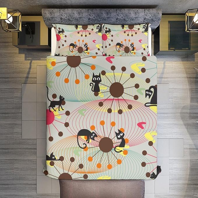 Mid Century Duvet Cover Sets Vintage Black Cat Modern Style Printed Lightweight Soft Quilt Cover Abstract Geometric Minimalist Soft Microfiber 3 Piece (1 Duvet Cover 90x90in + 2 Pillow Sham 20x30in)