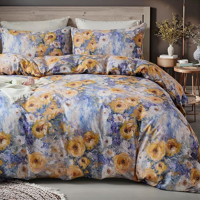 100% Cotton Duvet Cover King Size – Impressionist Natural Yellow & Blue Floral Duvet Cover Set with Zipper Closure, 3-Piece Soft Breathable Durable Percale Cotton Bedding Set for All Seasons