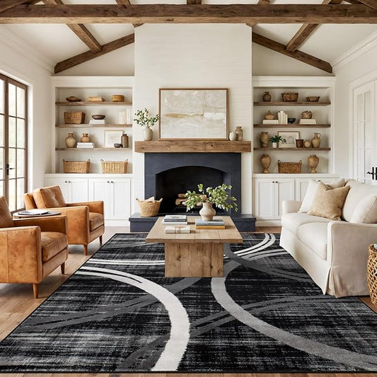 Rugshop Modern Wavy Circles Design Area Rug, Carpet with Jute Backing for Living Room, Dining Room, or Office, Black, 7'10" x 10'2"