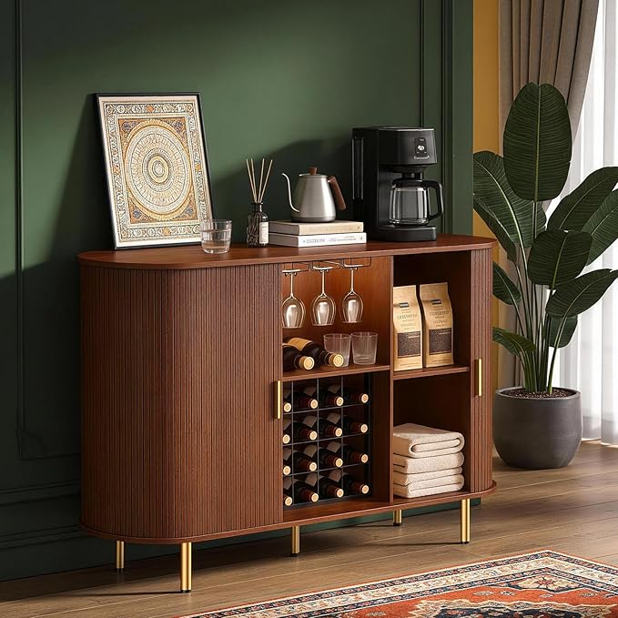 DHH 55" Wine Bar Cabinet with Storage, Fluted Liquor & Coffee Bar Cabinet with Wine Rack and Glass Holder, Buffet Sideboard with LED Lights for Home Kitchen Living Dining Room(Walnut)