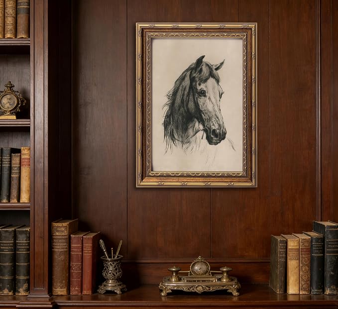 Vintage Gold Framed Horse Sketch Canvas Wall Art Retro Horse Wall Decor Vintage Farmhouse Animals Sketch Print Artwork Retro Rustic painting Picture for Farmhouse Bedroom Living Room 16X24in