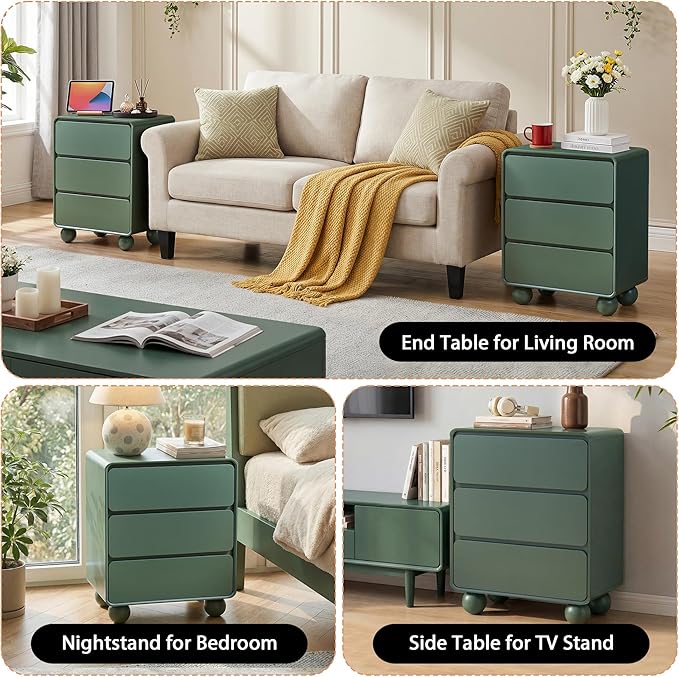 AVZEAR Set of 2 Modern3 Drawer Dresser for Bedroom, Curved Wooden Dresser Chest of Drawers, 3 Drawer Nightstand Closet Clothes Storage Organizer for Kids Bedroom, Living Room, Nursery, Green