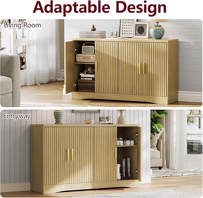 55" Modern Sideboard Buffet Cabinet with Storage, 4 Door Fluted Credenza Table Media Console Cabinet Entryway Cabinets for Living Room Kitchen, Wood