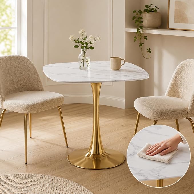 31.5" Square Dining Table for 2-4, White Marble-Look MDF Top with Gold Tulip Pedestal Base, Mid-Century Modern Kitchen Table for Apartment, Breakfast Nook, Café and Bistro