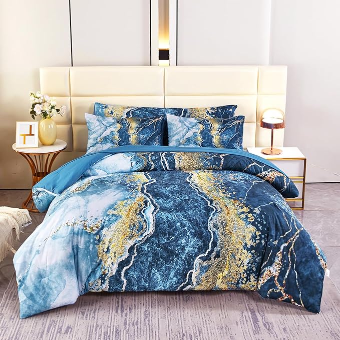 PERFEMET 6 Piece Blue Comforter Set Full Bed in A Bag Set Aesthetic Capri Blue and Gold Marble Bedding Set with Sheets Soft Luxury Watercolor Burning Mountain Printed Bedroom Sets(Capri Blue, Full)