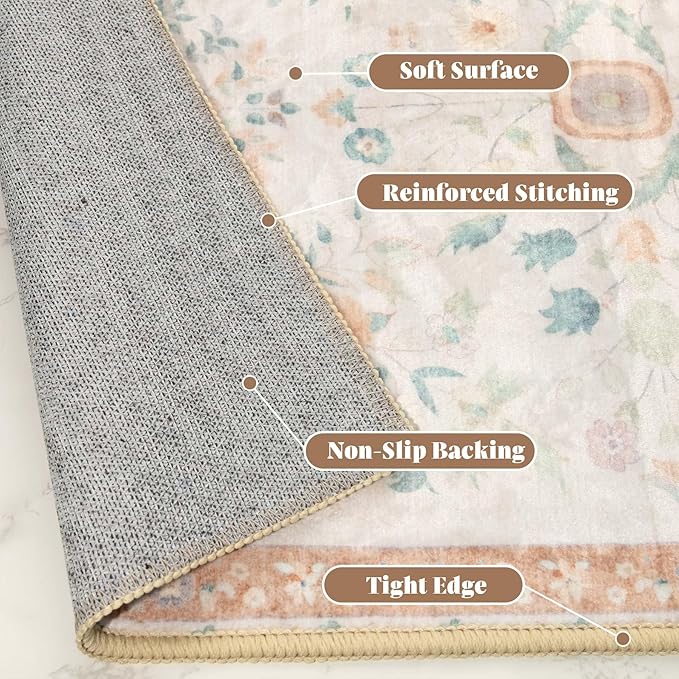 MUJOO 8x10 Area Rugs Washable,Large Floral Rugs for Living Room Bedroom Dining Room,Boho Indoor Floor Rug Non Slip Throw Carpet Low Pile Vintage Beige