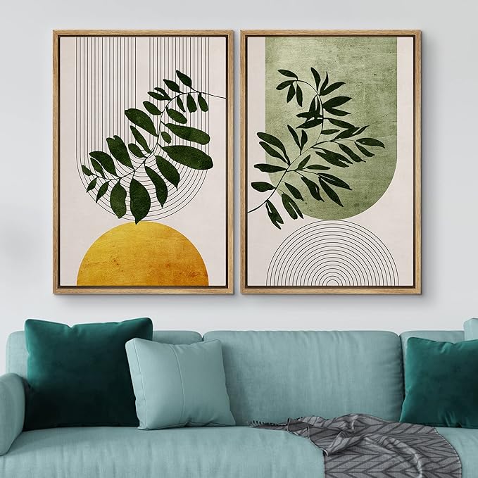 IDEA4WALL Framed Canvas Print Wall Art Set Mid-Century Geometric Forest Plant Leaf Nature Wilderness Illustrations Modern Art Rustic Decorative for Living Room, Bedroom, Office - 16"x24"x2 Natural