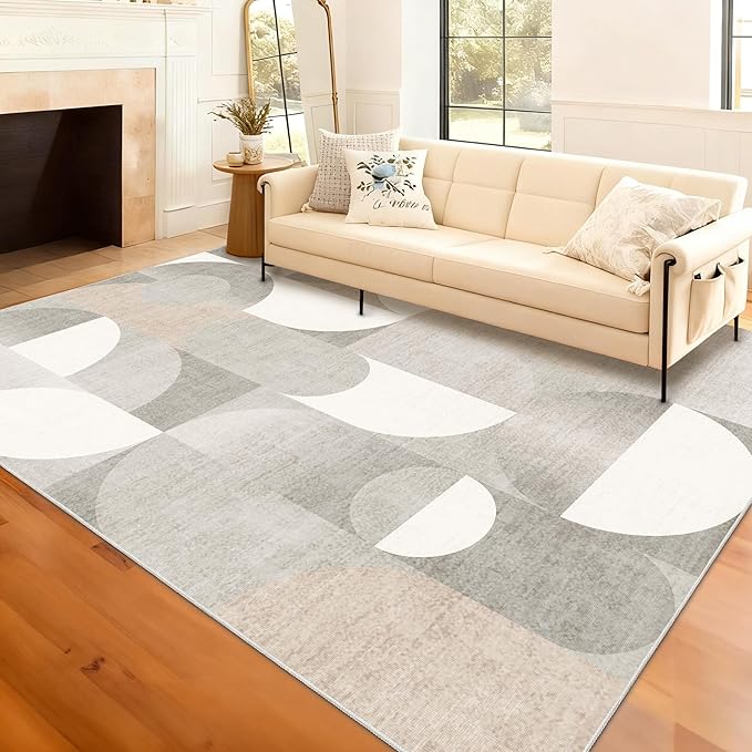 Large Grey Area Rugs 8x10 Washable Rug for Living Room Bedroom Dining Room,Modern Geometric Non Slip Beige Carpet
