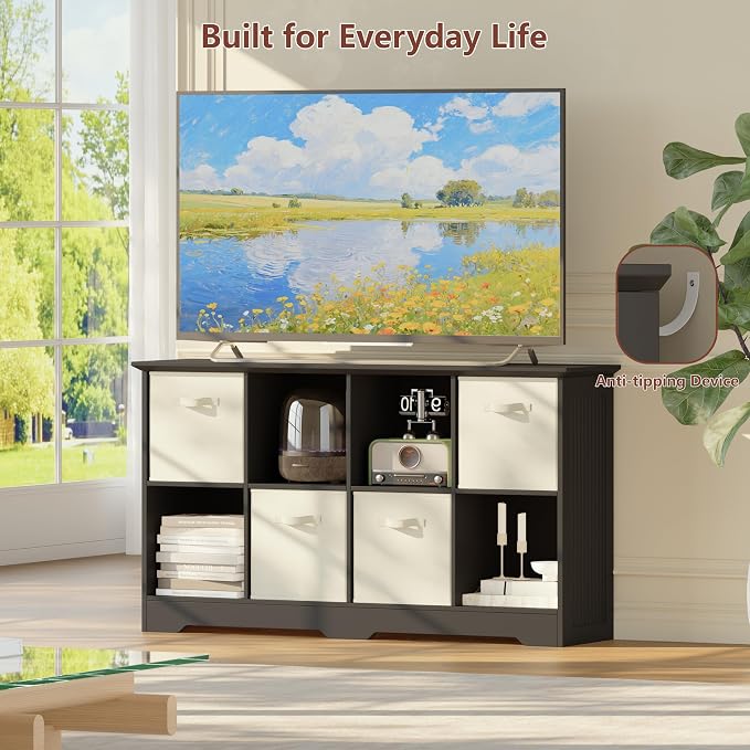 VORONOI 8 Cube Storage Organizer with 4 Fabric Drawers and Removable Shelves — Modular Cube Bookshelf for Bedroom, Living Room, or Home Office, Short Cube Bookcase for Toys, Decor,Black