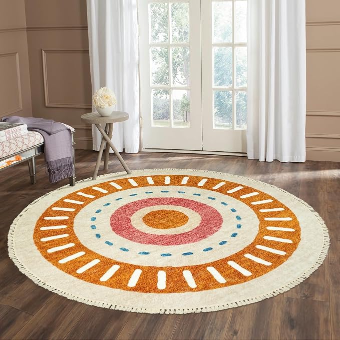 Lukinbox Boho Round Rug - 5ft Sun Washable Area Rug for Living Room, Super Soft Non-Slip Circle Bedroom Rugs, Colorful Rainbow Circular Rugs for Kids Nursery Playroom Dinning Room