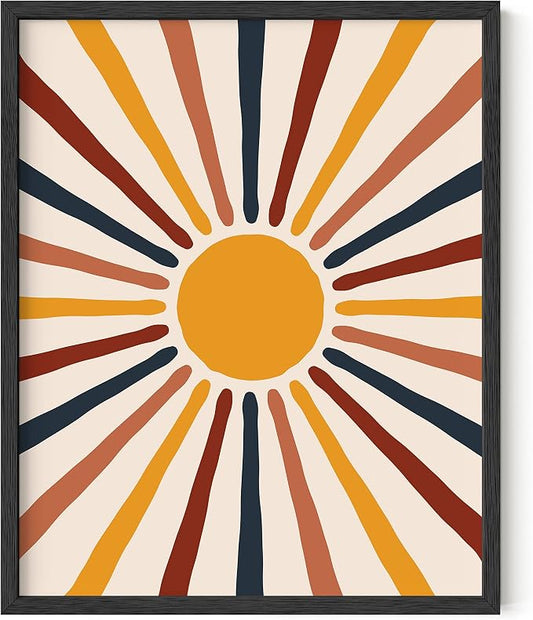 HAUS AND HUES Mid Century Modern Poster - Sun Art Print, Boho Picture for Wall, Centered Yellow Sun Rainbow Rays (Unframed 16x20)
