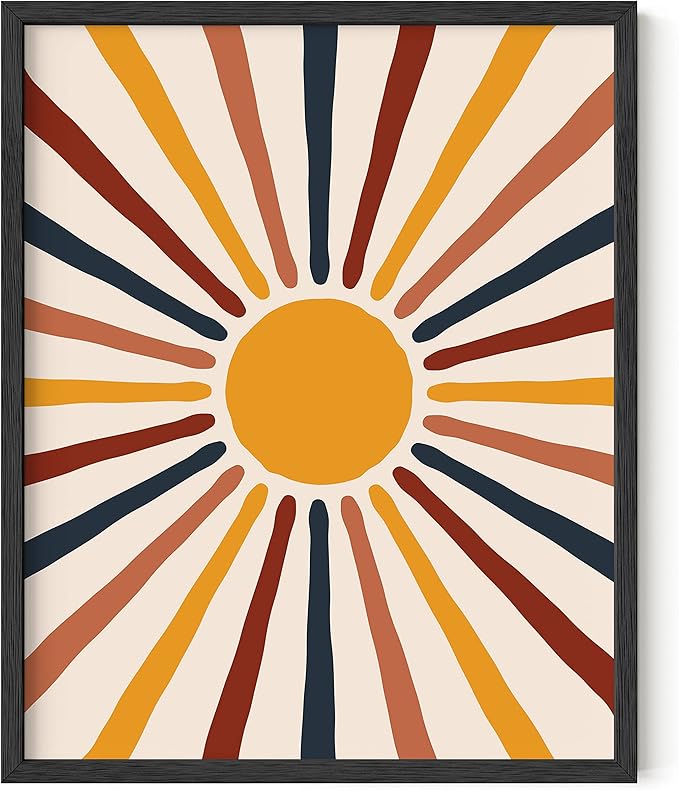 HAUS AND HUES Mid Century Modern Sun Wall Art, Boho Posters and Prints, Centered Yellow Sun with Rainbow Rays, Black Frame 16x20, Retro Wall Decor