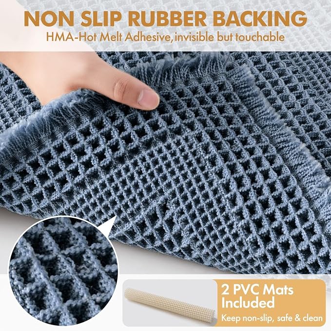 MIULEE Set of 2 Waffle Bathroom Rugs, Boho Bath Rug Super Absorbent, Non Slip Washable Ultra Soft Rubber Backed Shower Bath Mats for Floor, Tub, Shower, Looped Design, Blue, 24x36 Inch