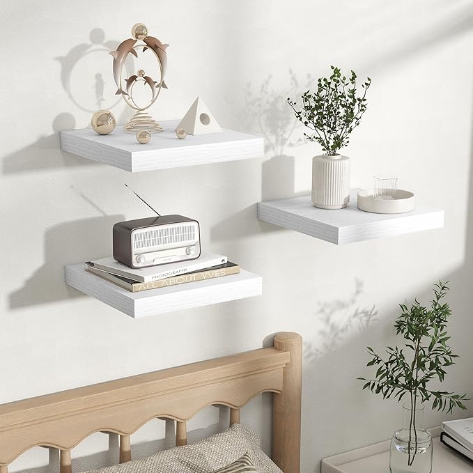 Fun Memories Rustic Floating Wall Shelves, Wall Mounted Wood Storage & Display Shelves for Bathroom, Bedroom, Living Room or Kitchen, (Set of 3, White, 12 in)