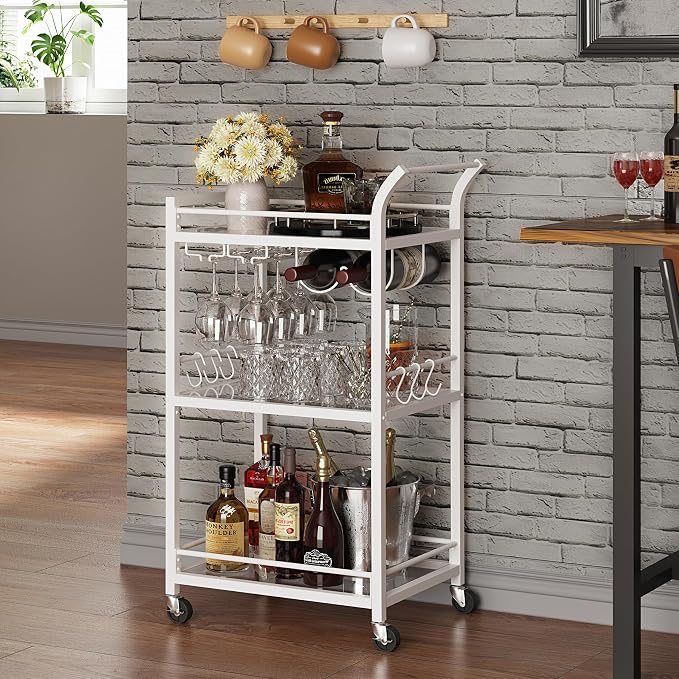 TUTOTAK Bar Cart, Home Bar Serving Cart with 3-Tier Mirrored Shelf, Mobile Kitchen Shelf, Rolling Beverage Cart, White BC01BW034