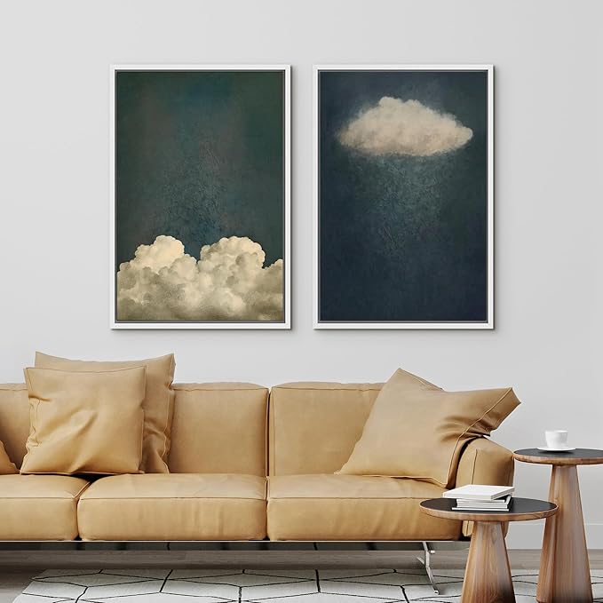 IDEA4WALL Framed Canvas Print Wall Art Set Dreamy Cloud Abstract Cloudscape Illustrations Modern Art Decorative Coastal Cottage Seascape for Bedroom - 16"x24"x2 WHITE