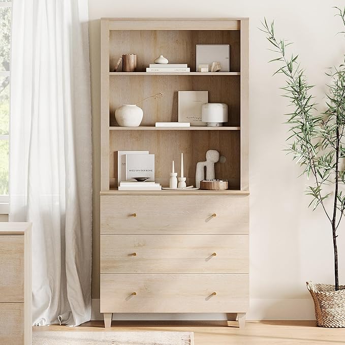 WAMPAT 71" Tall Bookcase with 3 Drawers & Open Shelves, Modern 3-Tier Bookshelf with Adjustable Shelf, Floor Standing Wooden Display Book Shelf for Home Office, Living Room, Bedroom, Light Oak