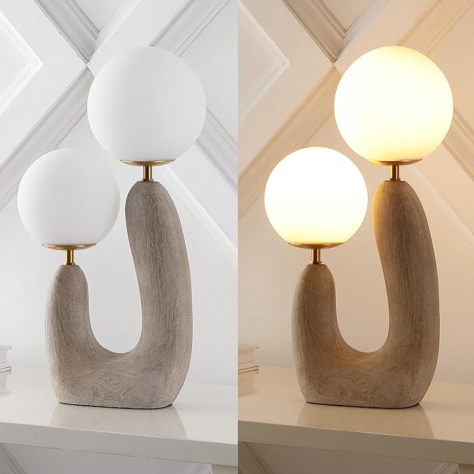 JONATHAN Y 18" Gray Wood Finish 2-Light Mid-Century Scandinavian Resin Cactus LED Table Lamp, Brass Iron Accents, Frosted Glass Globe Shades, LED Bulbs Included JYL4064A