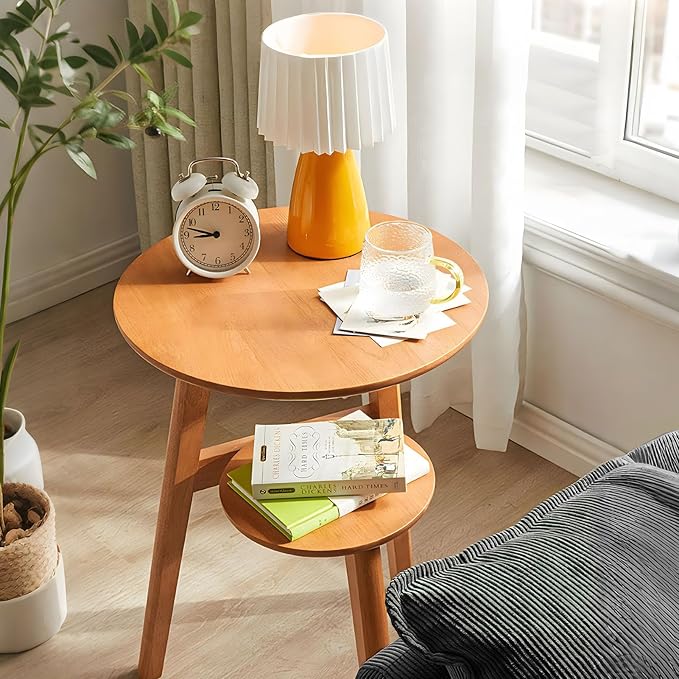 Side Table, Small Round End Table with 2-Tier Shelf, Solid Wood Nightstand for Small Spaces, Mid Century Modern Accent Table for Living Room Bedroom, Natural