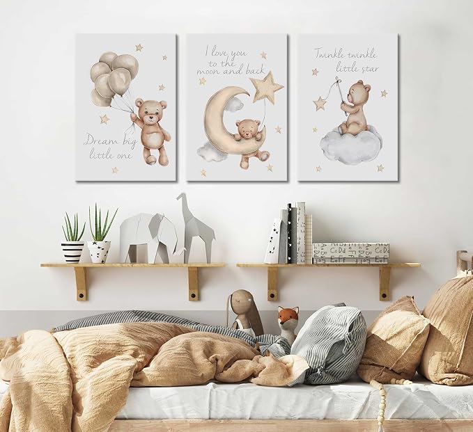 3Pcs Teddy Bear Wall Art Cute Little Bears Wall Decor Slepping Teddy Bears Posters Prints Moon Star Cloud Neutral Nursery Canvas Pictures for Kid's Room or Bedroom Painting Framed