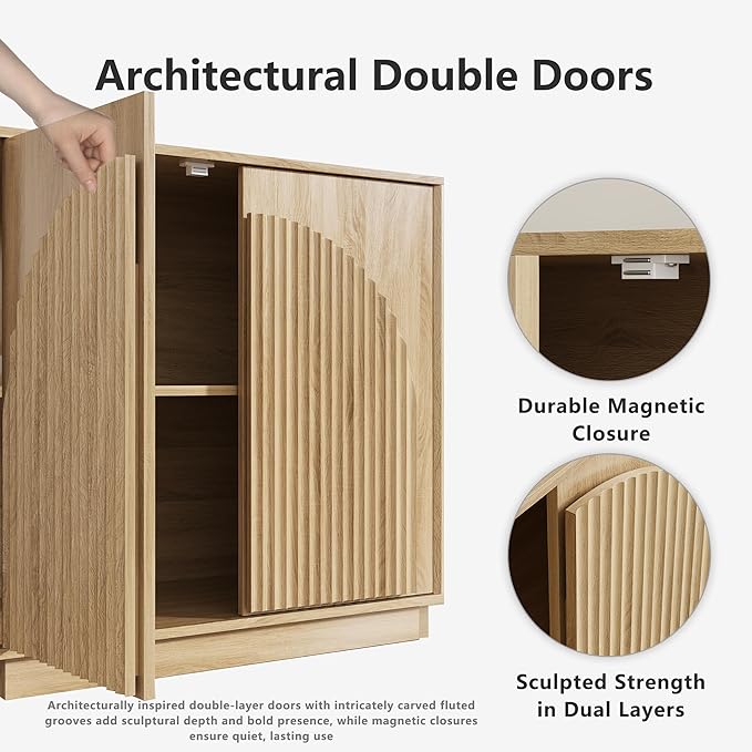 win2win Fluted Sideboard Buffet Cabinet with Storage, 31.5" Modern Boho Accent Cabinet with Double-Layered Arch Doors, Small Wood Console Credenza for Living Room, Dining Room, Entryway, Oak, 2PCS