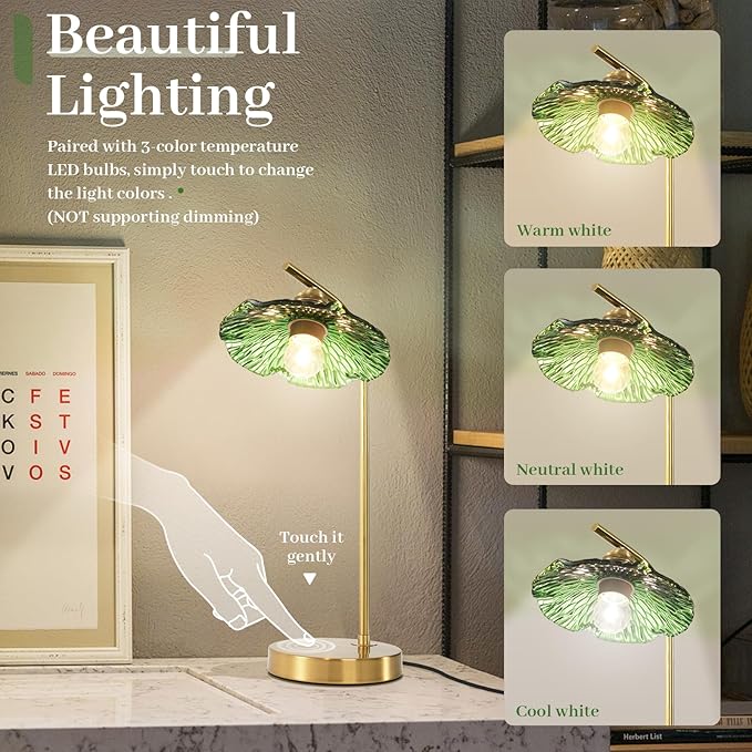 Glass Table Lamp Mid Century Modern Table Lamp Vintage Table Lamps Gold Desk Lamp Touch Bedside Lamps with Green Flower Shade Small Nightstand Lamps for Bedroom Living Room Office