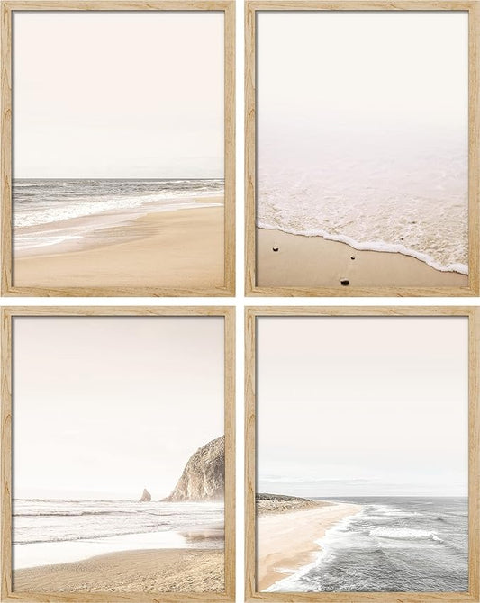 SIGNWIN Framed White Minimalist Ocean Beach Seashore Scenic Wall Art, Set of 4 Landscape Colorful Wall Decor Prints, Nature Wilderness Wall Décor for Living Room, Bedroom - 8"x10" Natural