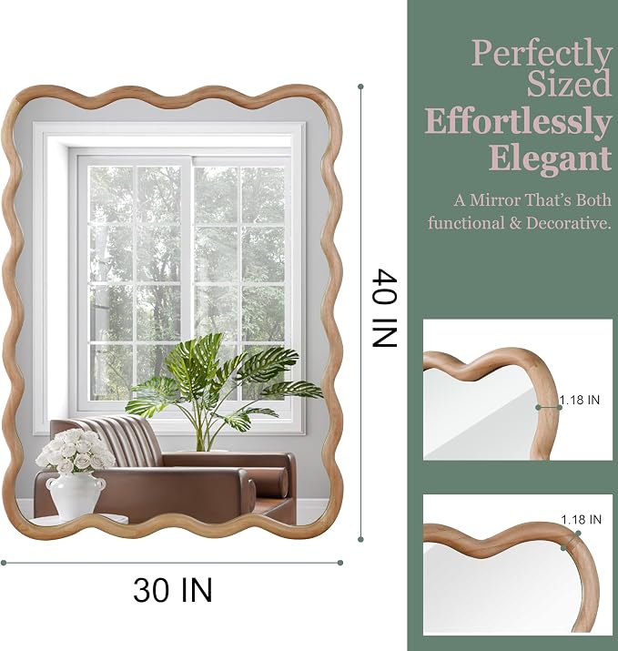 40x30 Inch Wooden Wavy Rectangle Wall Mirror, Modern Solid Wood Frame Decorative Accent Mirror for Bedroom, Bathroom, Living Room, Entryway, Natural Wood Color