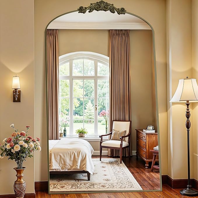 Antok Arched Full Length Mirror, 72"x44" Floor Mirror with Carved, Full Body Mirrors for HomeDecor, Standing/Halling Large Wall Mirror for Bedroom, Living Room, Cloakroom, Bronze, Retro Style