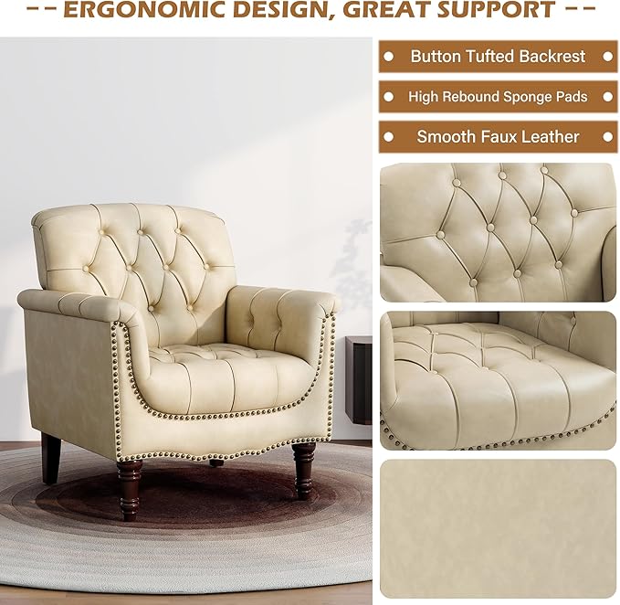 Faux Leather Accent Chairs Set of 2, Comfy Club Chair Upholstered Armchair for Living Room, Button Tufted Arm Chair Retro Single Sofa Side Reding Seat for Bedroom - Beige